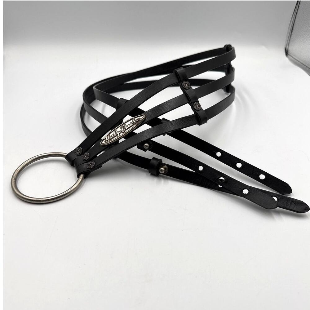 Vintage Y2K Harley Davidson Womens L Leather Triple Strap Ring Cage Belt Black